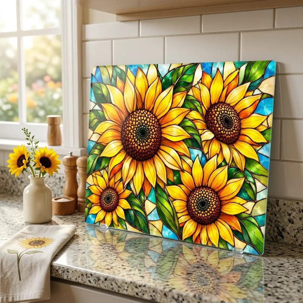 Sunflower Glass Cutting Board, Bold Floral Kitchen Decor, Stained Glass Sunflower Art, Yellow Flower Cutting Board, Sunflower Lover Gift