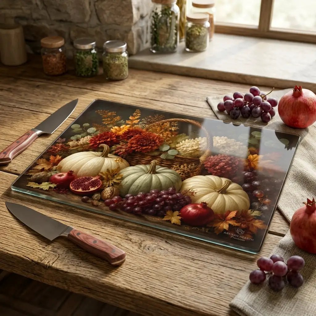 White Pumpkin Glass Cutting Board, Elegant Fall Kitchen Decor, Autumn Floral Cutting Board, Thanksgiving Hostess Gift