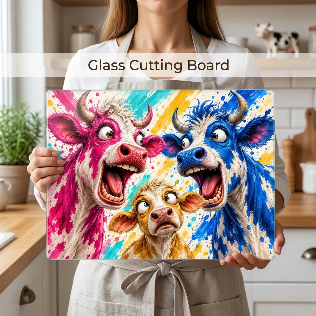 Funny Cow Family Cutting Board, Screaming Cow Kitchen Decor, Colorful Farmhouse Gift, Cow Lover Glass Cutting Board