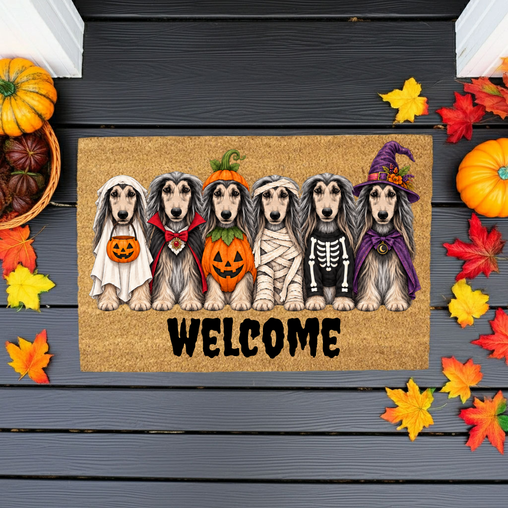 Dog Breed Personalized Halloween Costume Doormat, Custom Dog Welcome Mat, Halloween Coir Doormat, Family Name Dog Lover Gift