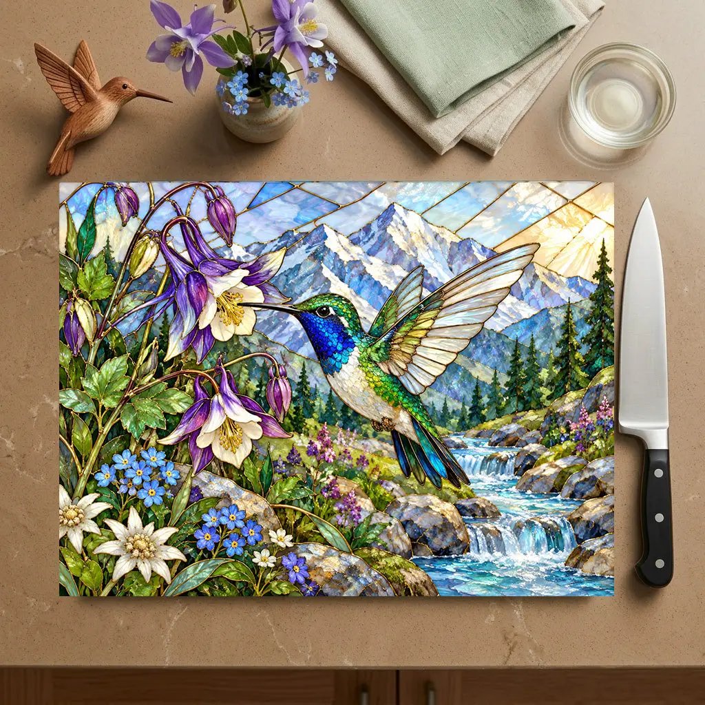 Hummingbird Glass Cutting Board, Stained Glass Mountain Art, Columbine Flower Kitchen Decor, Bird Lover Gift, Alpine Nature Cutting Board