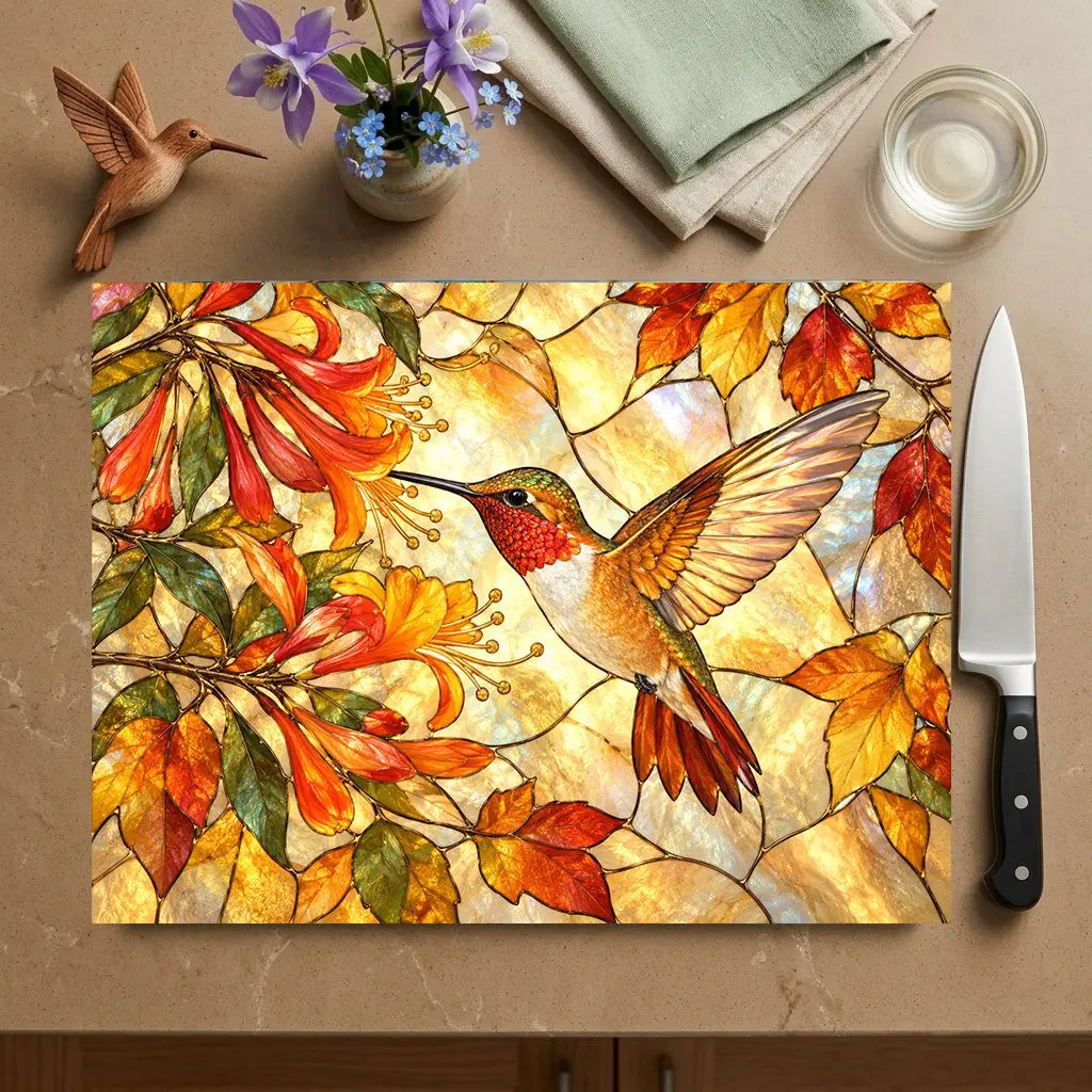 Hummingbird Cutting Board, Stained Glass Hummingbird Decor, Autumn Floral Kitchen Decor, Bird Lover Gift, Fall Hostess Gift