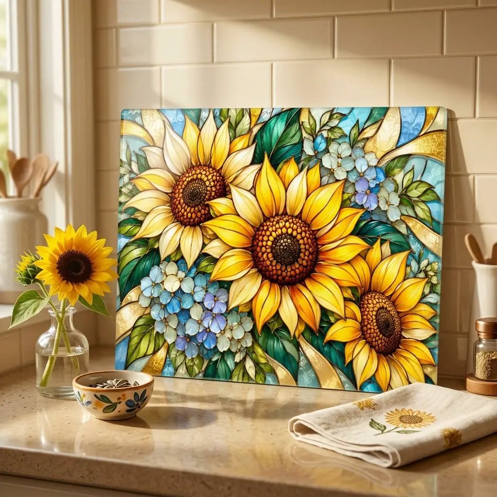 Sunflower Glass Cutting Board, Blue Hydrangea Kitchen Decor, Yellow Floral Cutting Board, Flower Lover Gift, Stained Glass Kitchen Art