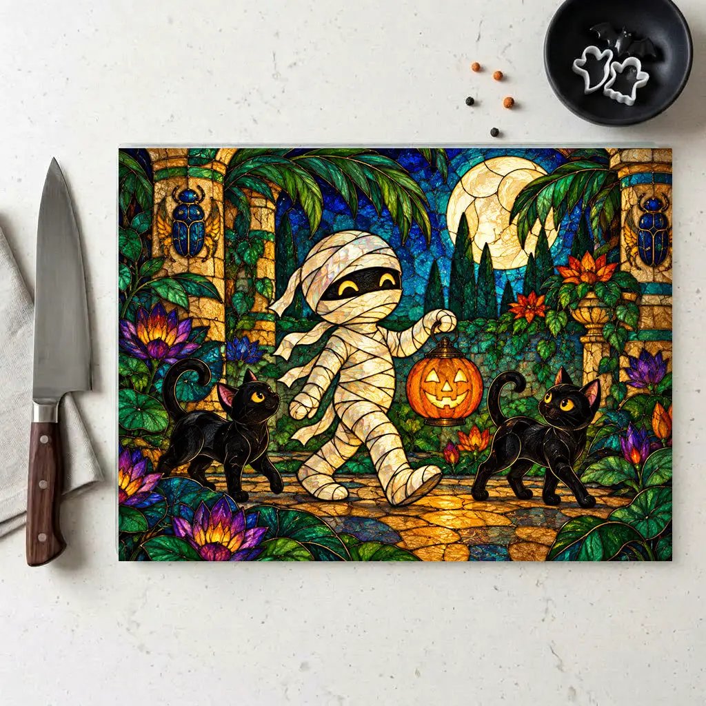 Halloween Mummy Personalized Glass Cutting Board, Spooky Kitchen Decor