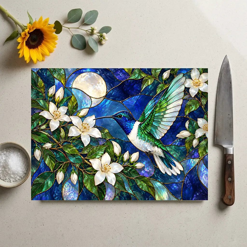 Hummingbird Cutting Board, Stained Glass Bird Decor, Moonlit Jasmine Floral Kitchen Decor, Hummingbird Gift, Nature Lover Gift