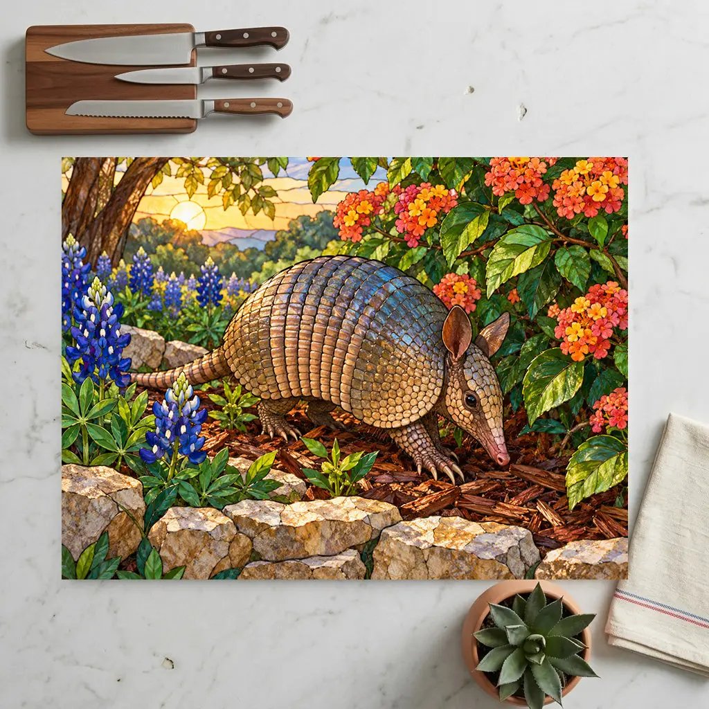 Armadillo Glass Cutting Board, Texas Kitchen Decor, Bluebonnet Armadillo Gift, Stained Glass Style Wildlife Art, Texas Housewarming Gift