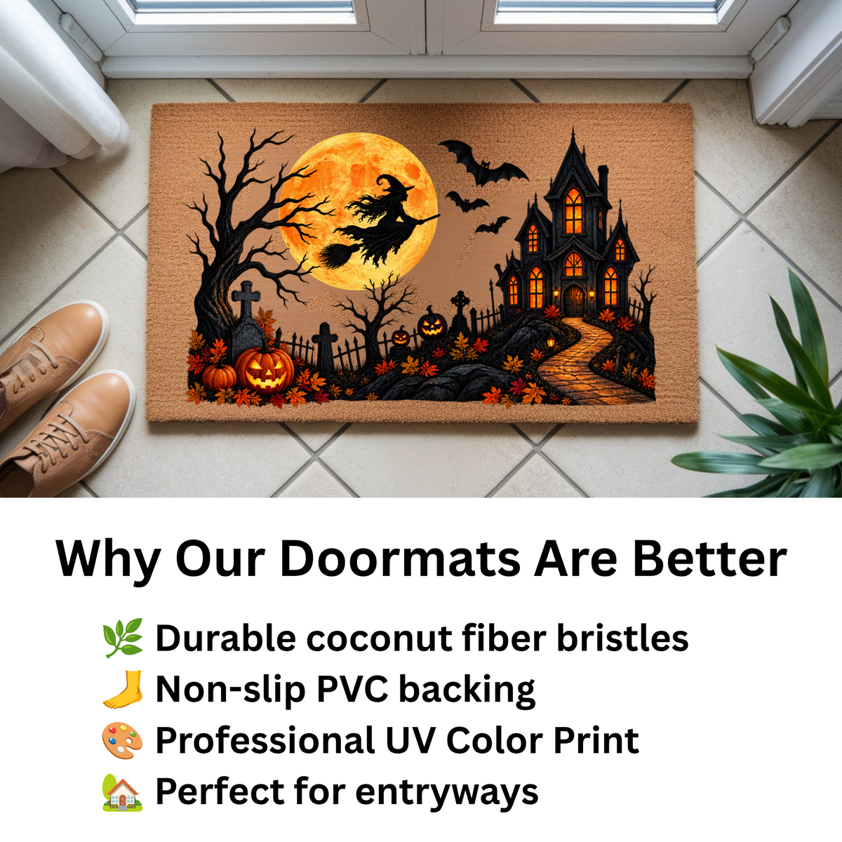 Halloween Witch Doormat, Haunted House Coir Welcome Mat, Spooky Graveyard Porch Decor, Full Moon Halloween Door Mat, Fall Entryway Decor