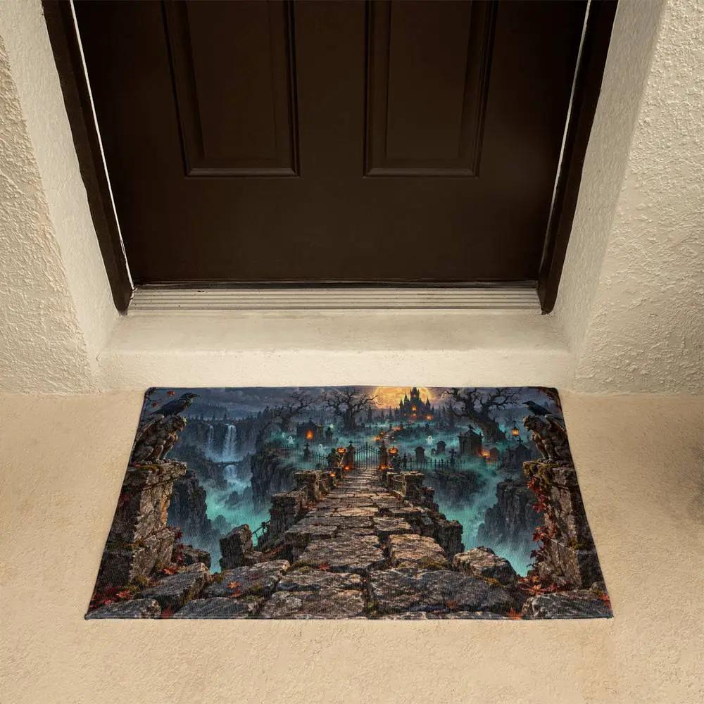 Haunted Graveyard 3D Doormat, Spooky Halloween Door Mat, Gothic Cemetery Welcome Mat, Haunted Castle Halloween Porch Decor