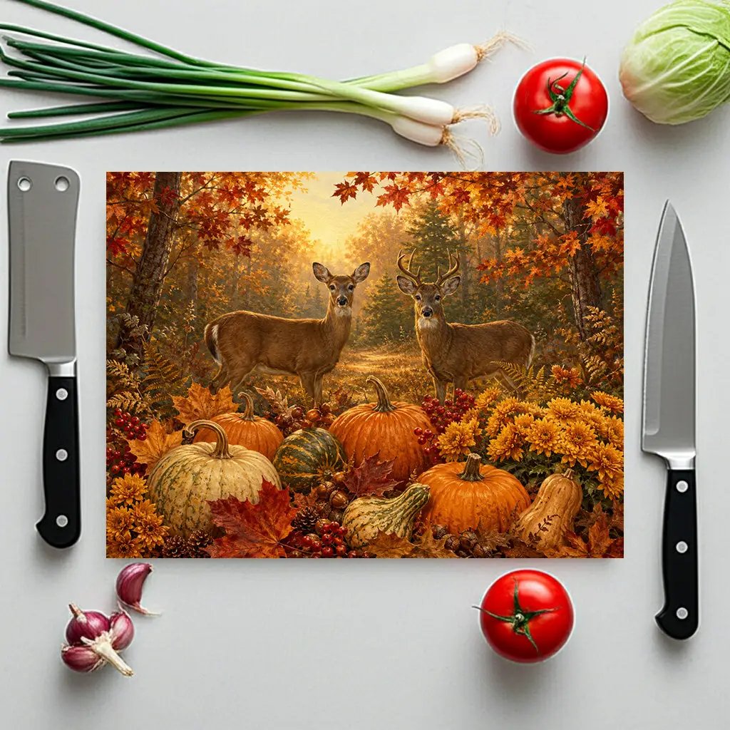 Deer Fall Glass Cutting Board, Rustic Woodland Kitchen Decor, Autumn Pumpkin Cutting Board, Hunter Cabin Gift