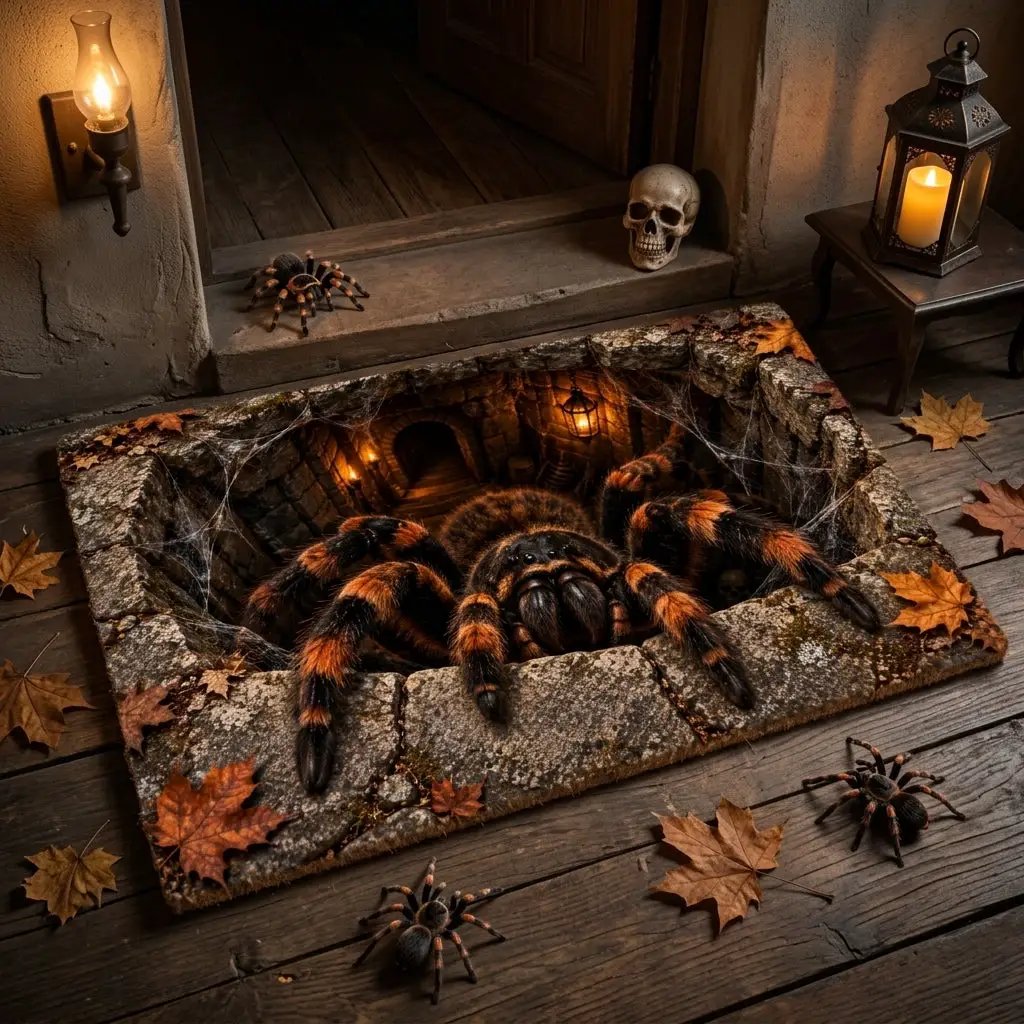 Giant Spider Halloween 3D Doormat, Scary Optical Illusion Welcome Mat, Creepy Spider Door Mat, Haunted House Halloween Porch Decor