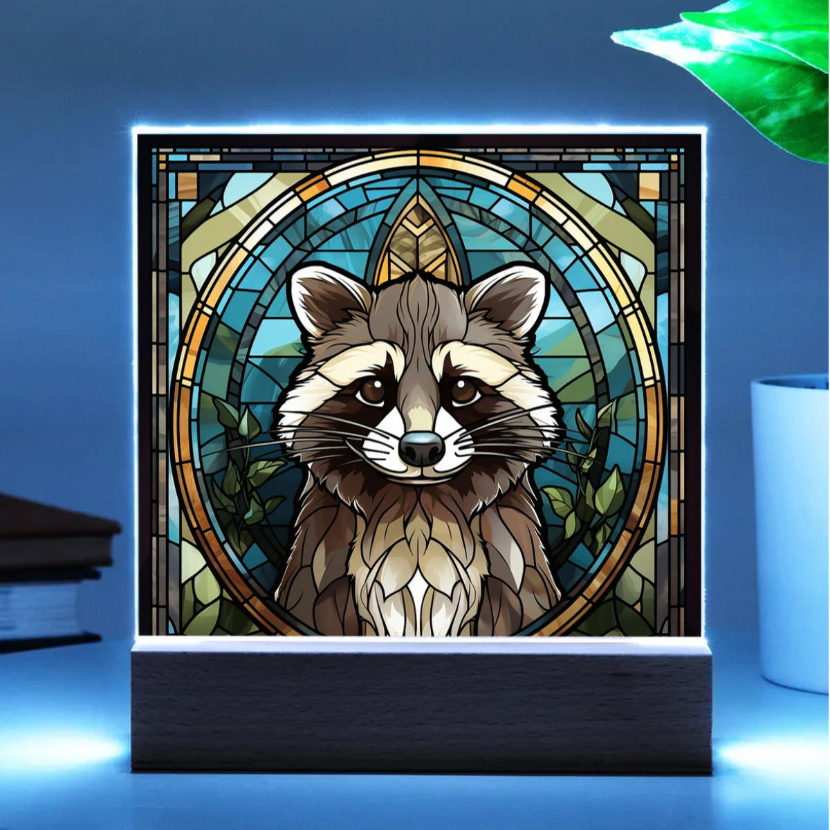 Raccoon Stained Glass Acrylic LED Light Plaque – Custom Animal Art Gift with Wooden Base