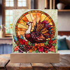 Turkey Stained-glass Round Acrylic Plaque - LED Lighted Wooden Base