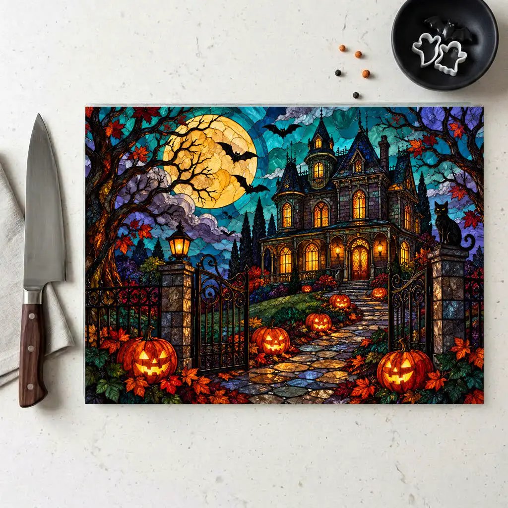 Halloween Haunted Mansion Personalized Glass Cutting Board, Spooky Pumpkin Kitchen Decor