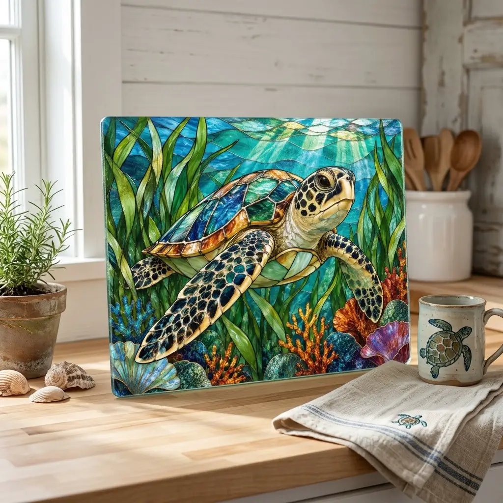 Sea Turtle Glass Cutting Board, Ocean Kitchen Decor, Marine Life Chopping Board, Coastal Cooking Gift, Underwater Turtle Artwork, Coral Reef