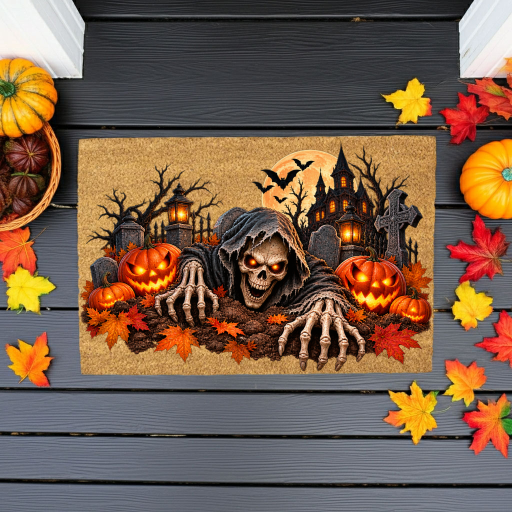 Creepy Skeleton Doormat, Grim Reaper Halloween Coir Mat, Scary Jack O Lantern Welcome Mat, Haunted House Spooky Porch Decor