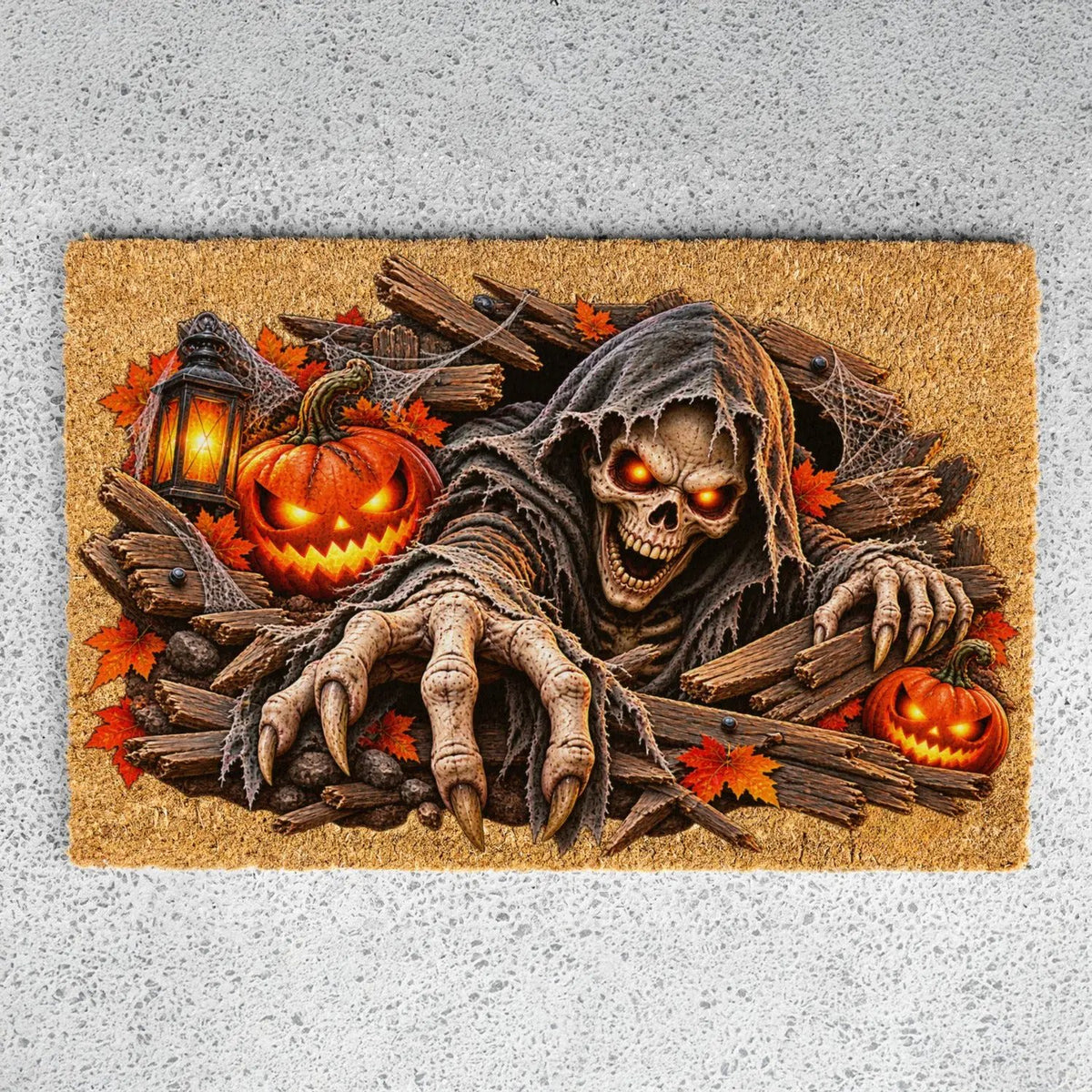 Horror Skeleton Doormat, Grim Reaper Halloween Coir Mat, Creepy Skeleton Welcome Mat, Scary Pumpkin Porch Decor, Haunted Door Mat