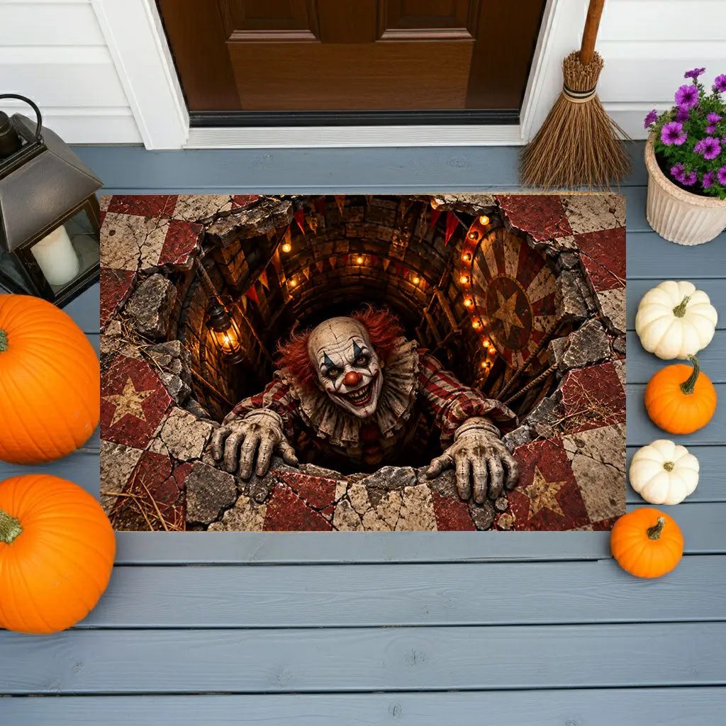 Creepy Clown Halloween Doormat,3D Scary Clown Optical Illusion Mat, Haunted Circus Door Mat, Horror Halloween Porch Decor