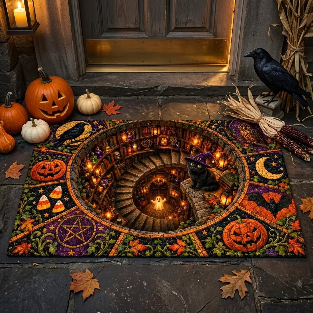 Black Cat 3D Halloween Doormat, Witchy Spiral Staircase Door Mat, Spooky Cat Welcome Mat, Pumpkin Halloween Porch Decor