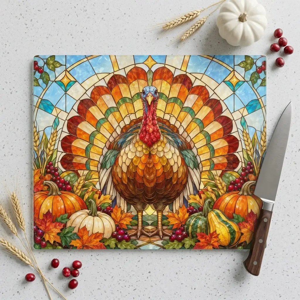 Thanksgiving Turkey Glass Cutting Board, Stained Glass Turkey Kitchen Decor, Fall Harvest Chopping Board, Thanksgiving Gift