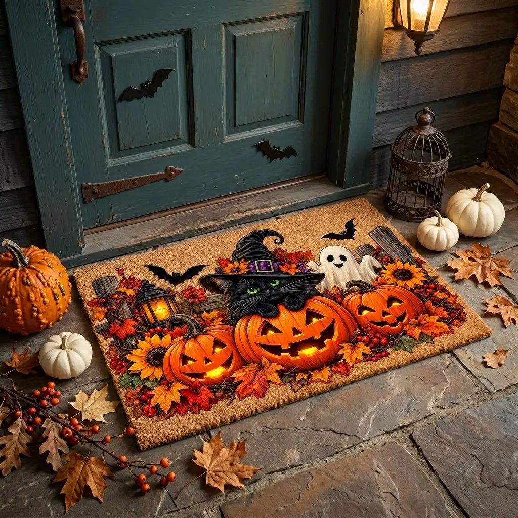 Halloween Cat Doormat, Black Cat Pumpkin Coir Mat, Cute Ghost Welcome Mat, Witch Cat Fall Porch Decor, Spooky Halloween Door Mat