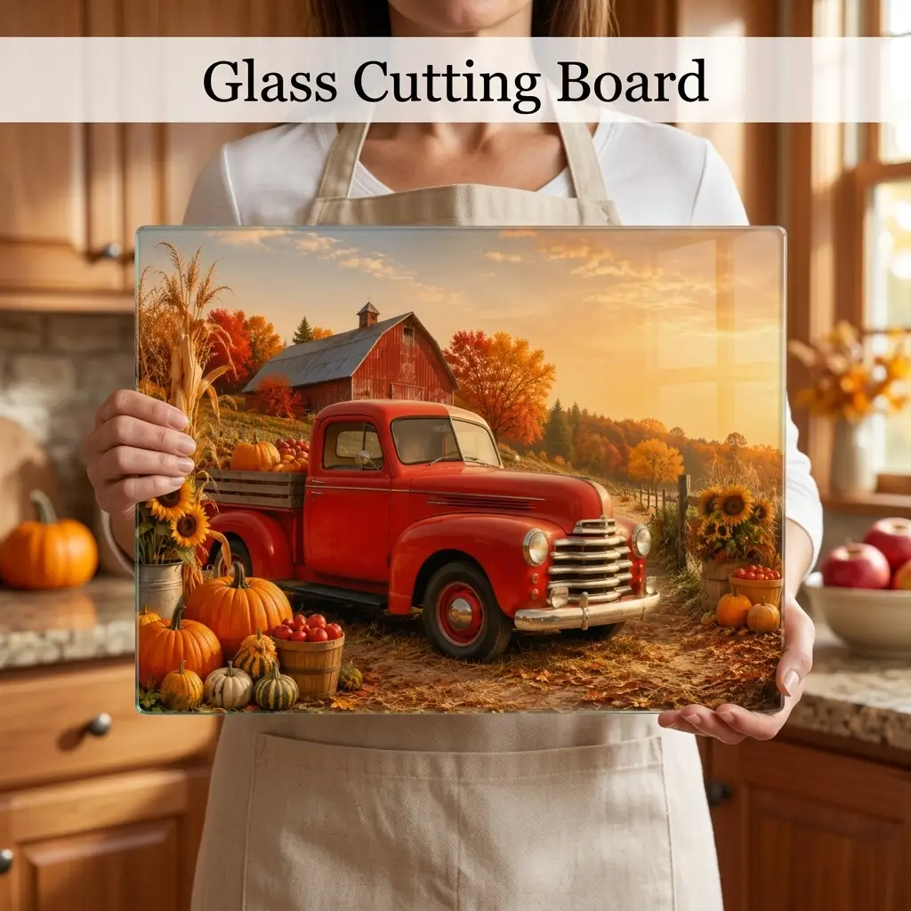 Fall Glass Cutting Board, Red Vintage Truck with Pumpkins and Sunflowers, Autumn Farmhouse Kitchen Decor, Harvest Gift