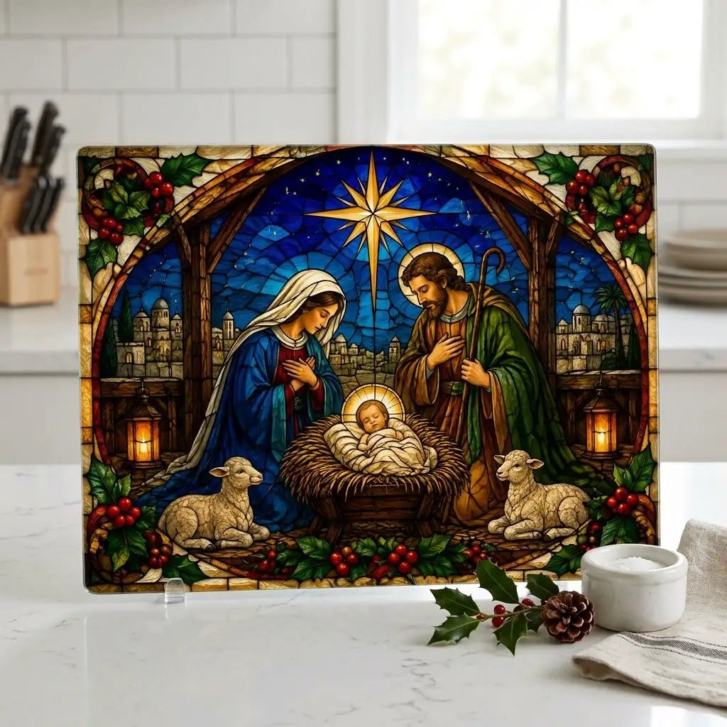 Nativity Glass Cutting Board, Christian Christmas Decor, Manger Scene Cutting Board, Religious Christmas Gift, Stained Glass Nativity