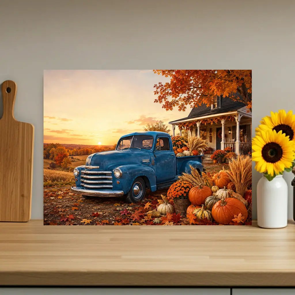 Fall Glass Cutting Board, Blue Vintage Truck with Pumpkins, Autumn Farmhouse Kitchen Decor, Harvest Thanksgiving Gift