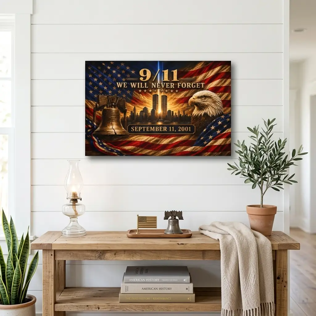9/11 Never Forget Flag, September 11 Memorial Flag, Double Sided Grommet 911 Remembrance Flag, Patriotic Eagle Liberty Bell Decor