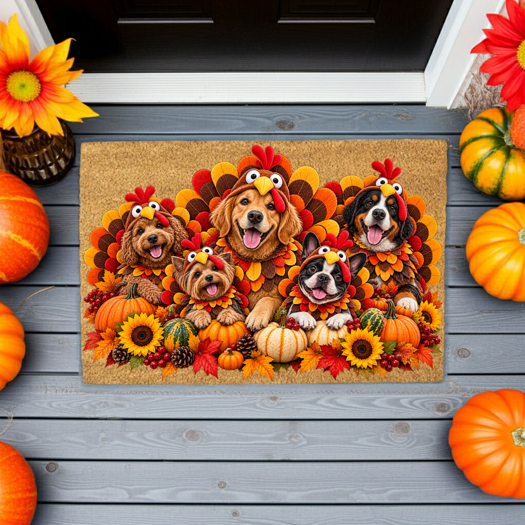 Thanksgiving Dog Doormat, Dogs in Turkey Costumes Coir Mat, Funny Fall Welcome Mat, Dog Lover Gift, Thanksgiving Porch Decor