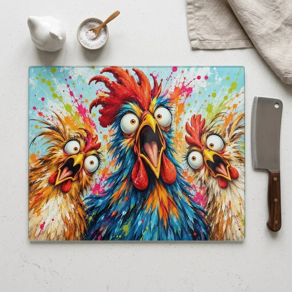 Three Screaming Chickens Cutting Board, Funny Chicken Kitchen Decor, Colorful Chicken Lover Gift, Farmhouse Kitchen Gift