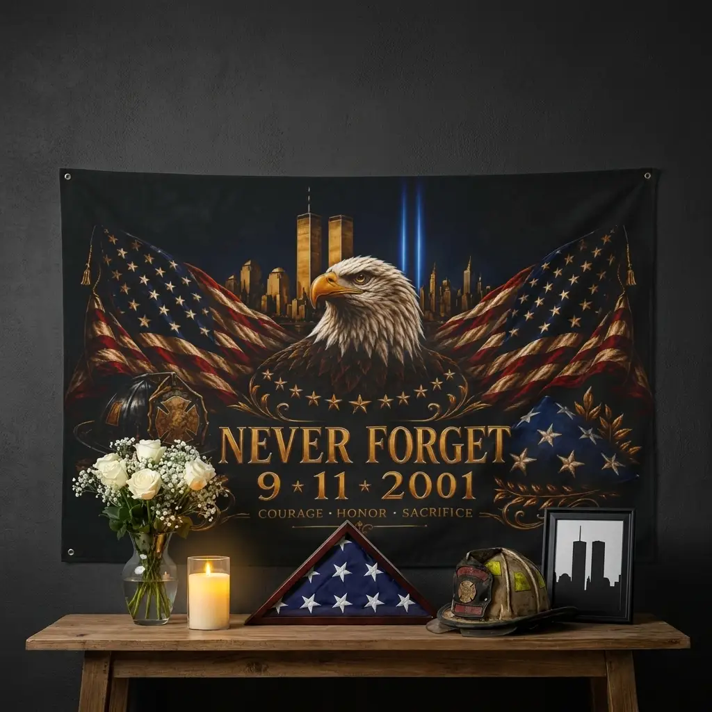 Never Forget 9/11 Double-Sided Memorial Flag – Eagle & Firefighter Tribute