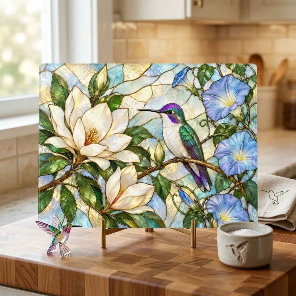 Hummingbird Cutting Board, Stained Glass Bird Decor, Magnolia Flower Kitchen Decor, Morning Glory Gift, Nature Lover Gift