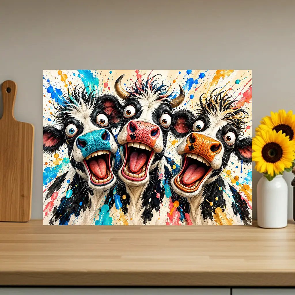 Funny Screaming Cow Glass Cutting Board, Colorful Cow Kitchen Decor, Cow Lover Gift, Funny Farmhouse Gift