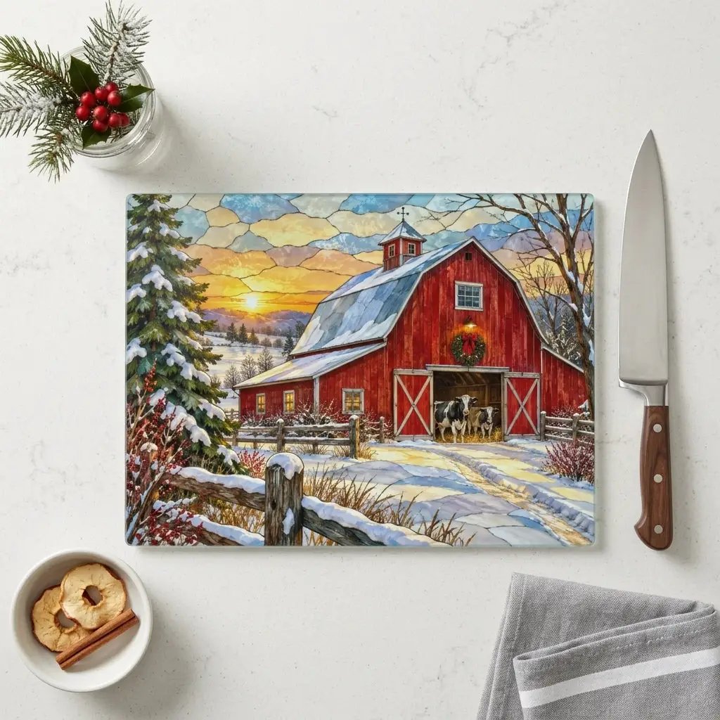 Christmas Red Barn Glass Cutting Board, Winter Farmhouse Decor, Cow Christmas Gift, Country Kitchen Decor, Farmhouse Holiday Gift