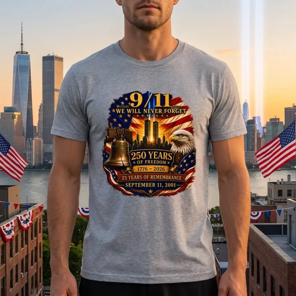 9/11 Memorial Shirt 25th Anniversary, Never Forget T-Shirt, 250 Years of Freedom 1776-2026, September 11 Remembrance Patriotic Tee