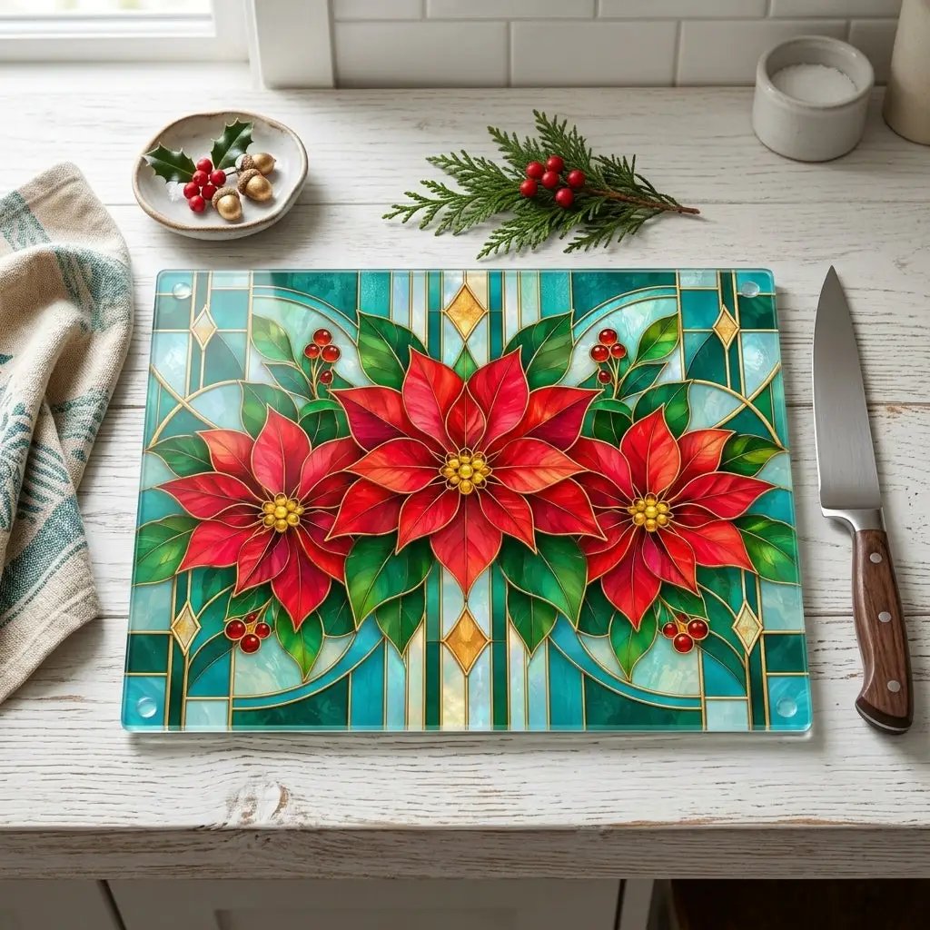 Christmas Poinsettia Glass Cutting Board, Stained Glass Floral Kitchen Decor, Holiday Serving Board, Festive Cooking Gift for Home Chefs
