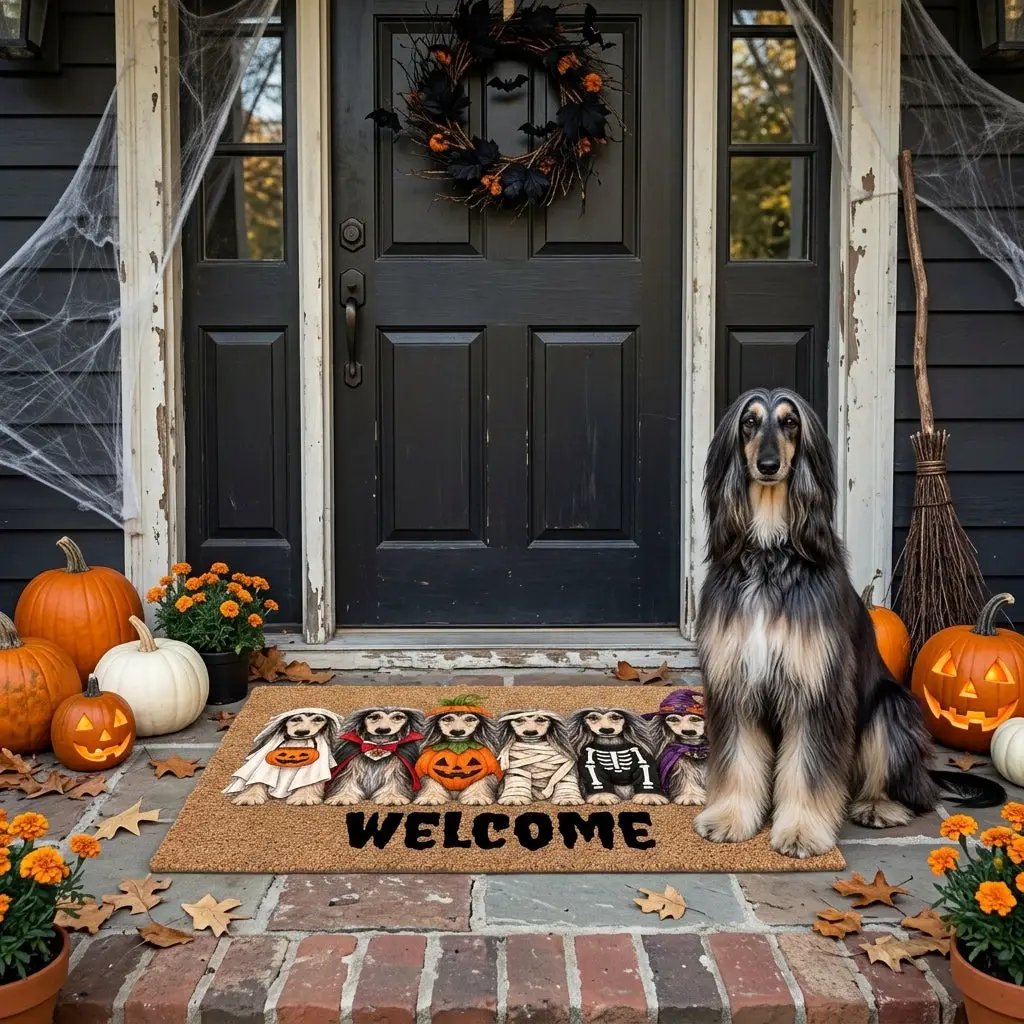 Dog Breed Personalized Halloween Costume Doormat, Custom Dog Welcome Mat, Halloween Coir Doormat, Family Name Dog Lover Gift