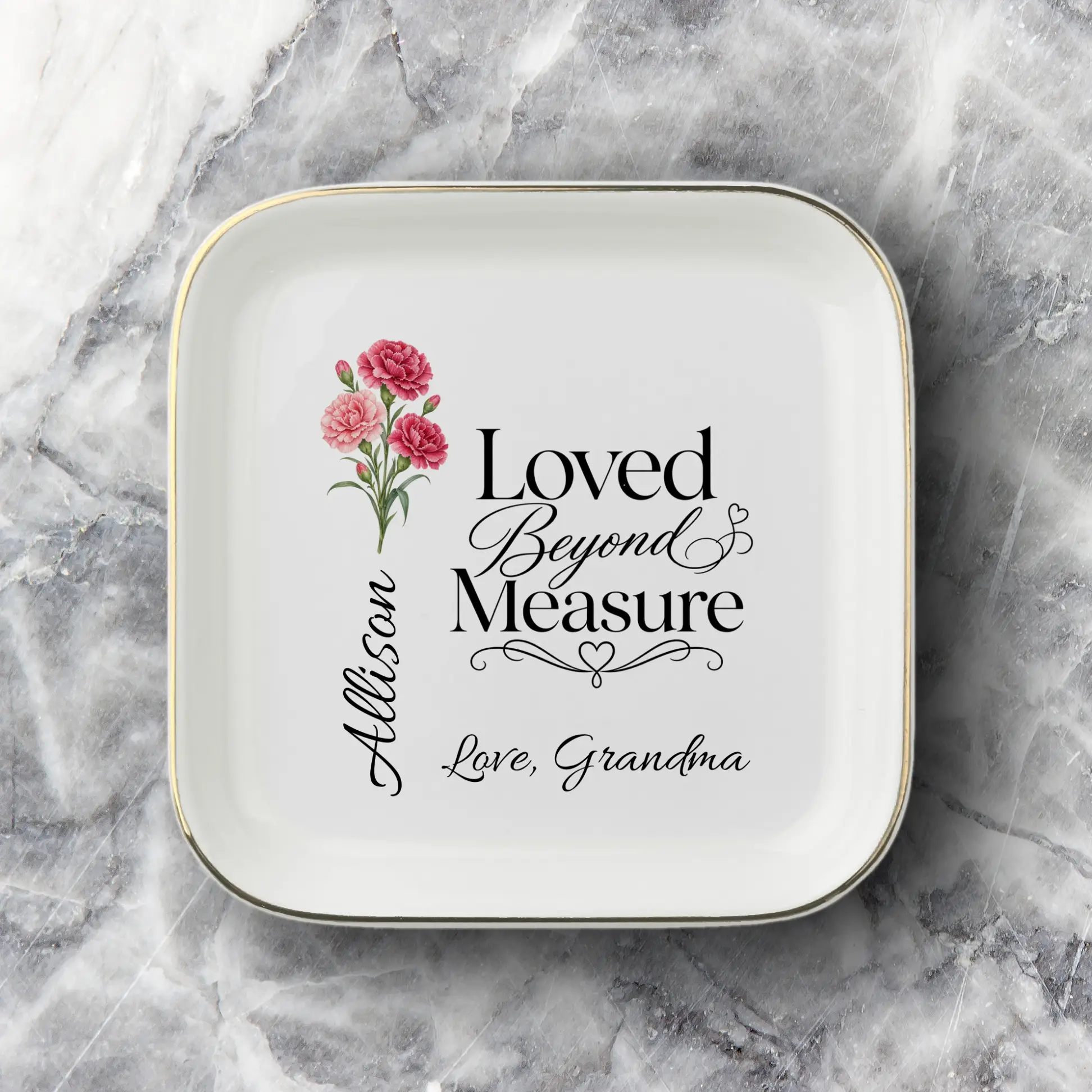 Personalized Birth Flower Jewelry Dish, Custom Name Ring Dish, Loved Beyond Measure Keepsake, Birthday Gift for Daughter, Granddaughter