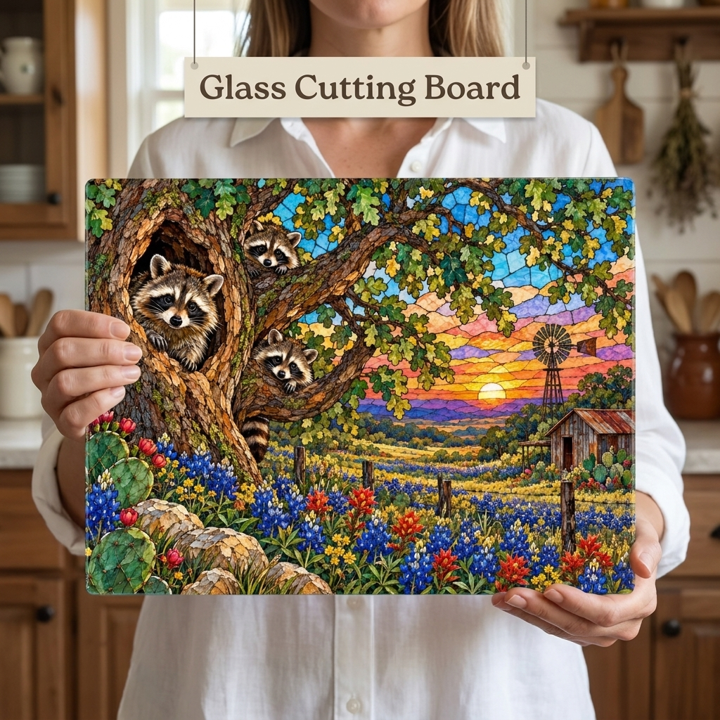 Raccoon Family Glass Cutting Board, Raccoon Lover Gift, Texas Bluebonnet Kitchen Decor, Country Wildlife Cutting Board, Rustic Farmhouse Gift