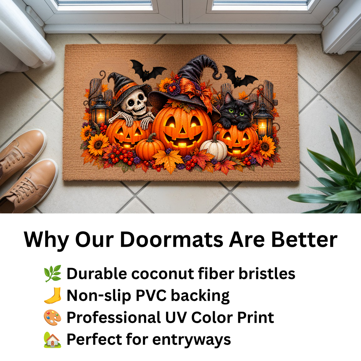 Halloween Doormat, Pumpkin Cat Skeleton Coir Mat, Spooky Fall Welcome Mat, Witch Pumpkin Door Mat, Halloween Porch Decor