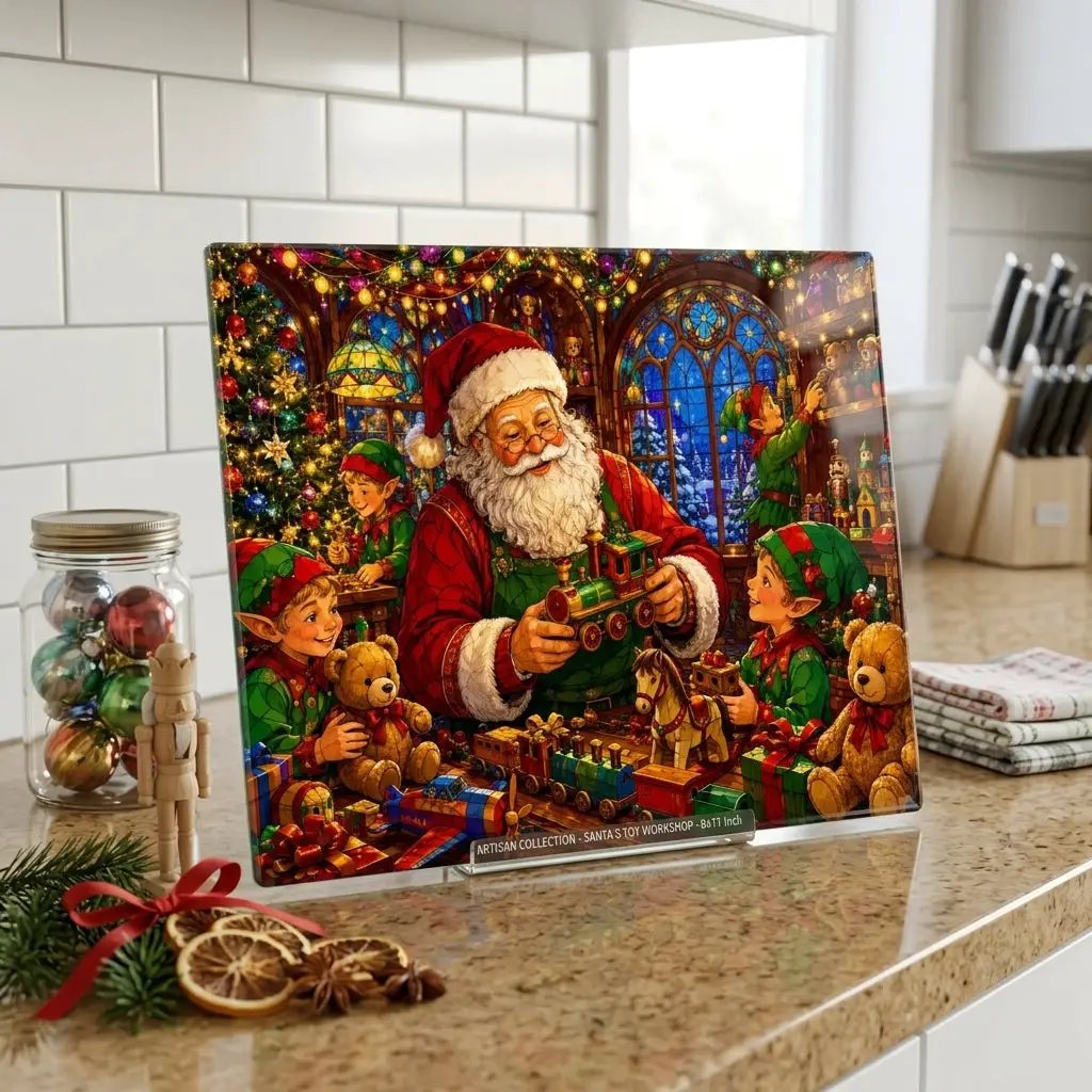 Santa Workshop Glass Cutting Board, Christmas Kitchen Decor, Santa and Elves Stained Glass Art, Holiday Serving Board, Christmas Gift