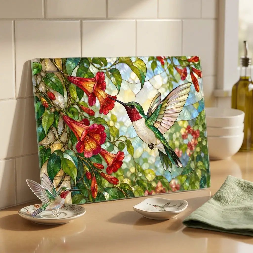Hummingbird Cutting Board, Stained Glass Hummingbird Decor, Trumpet Vine Kitchen Decor, Bird Lover Gift, Garden Lover Gift