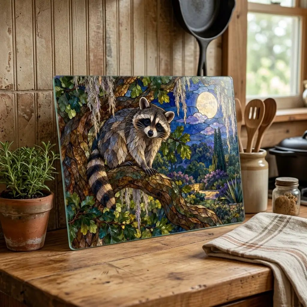 Raccoon Glass Cutting Board, Woodland Kitchen Decor, Moonlit Forest Chopping Board, Wildlife Lover Gift, Rustic Nature Kitchen Accent