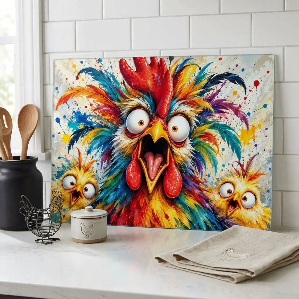 Rainbow Rooster Cutting Board, Funny Screaming Chicken Kitchen Decor, Colorful Rooster Gift, Chicken Lover Farmhouse Decor