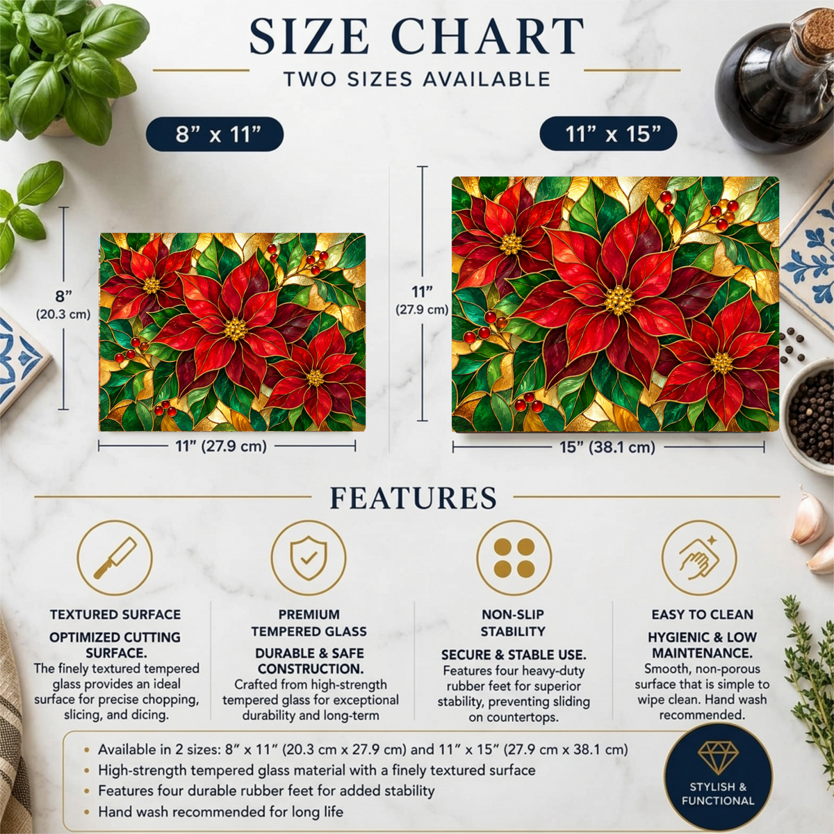 Christmas Poinsettia Glass Cutting Board, Holiday Kitchen Decor, Red Poinsettias and Holly, Festive Chopping Board, Seasonal Gift Idea