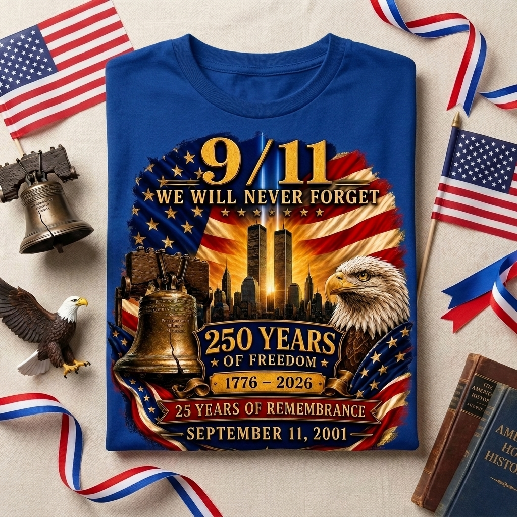 9/11 Memorial Shirt 25th Anniversary, Never Forget T-Shirt, 250 Years of Freedom 1776-2026, September 11 Remembrance Patriotic Tee