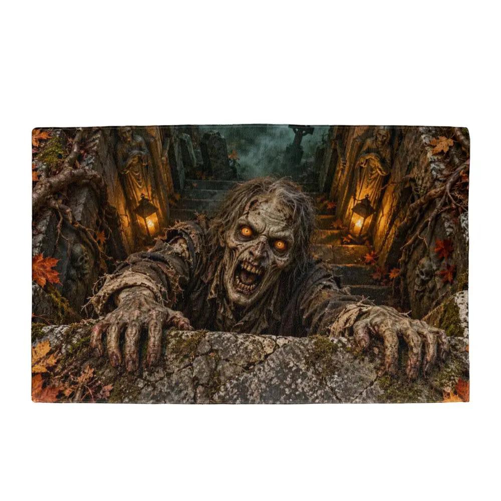 Zombie 3D Illusion Doormat, Graveyard Halloween Door Mat, Undead Zombie Welcome Mat, Haunted Crypt Optical Illusion, Spooky Porch Decor