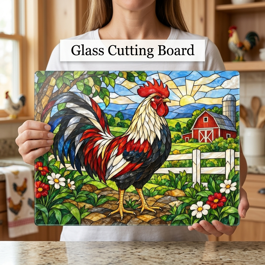 Rooster Glass Cutting Board, Red Barn Farmhouse Kitchen Decor, Country Rooster Art, Stained Glass Farm Decor, Rustic Kitchen Gift