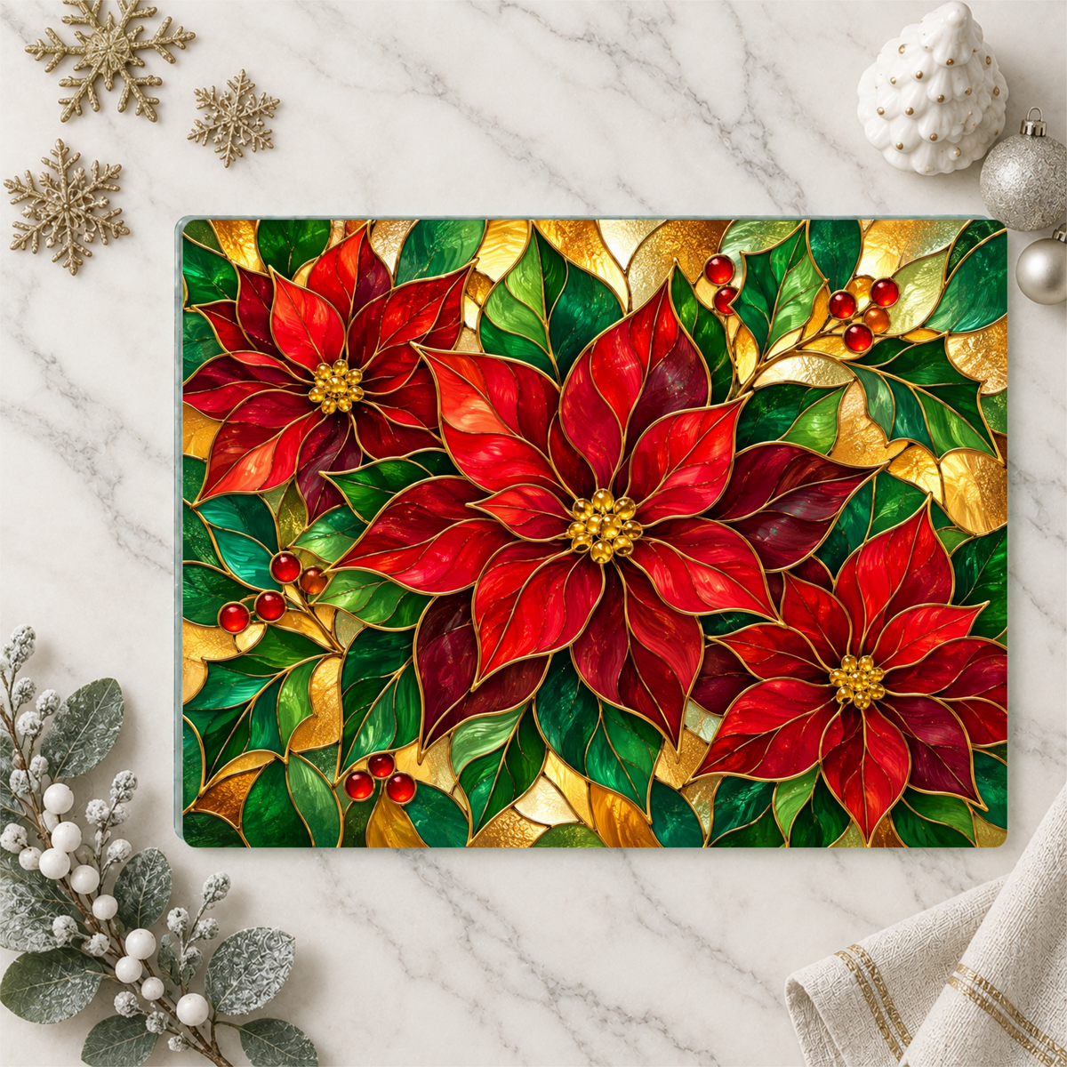 Christmas Poinsettia Glass Cutting Board, Holiday Kitchen Decor, Red Poinsettias and Holly, Festive Chopping Board, Seasonal Gift Idea