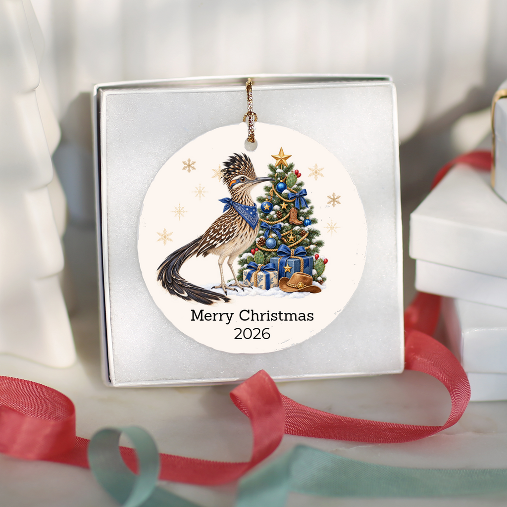 Personalized Roadrunner Christmas Ornament, Western Cowboy Cowgirl Decor, Blue or Pink, Custom Text and Year, Southwest Christmas Gift